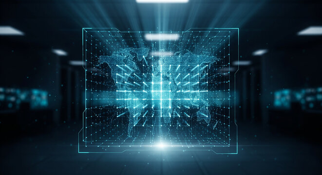 Stunning digital world map hologram glowing with futuristic data connections in a modern server room