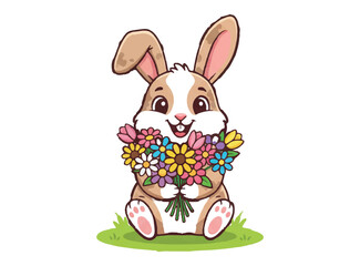 Rabbit and flowers children's vector illustration. Bunny print design for children's clothing. Cartoon rabbit holding a bunch of flowers