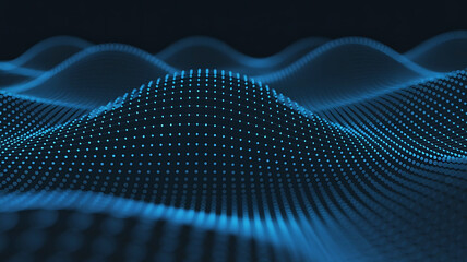 Abstract glowing blue digital wave pattern formed by countless tiny dots representing data flow and technology
