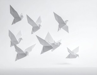 Fototapeta premium White Origami Birds in Flight Against White Background