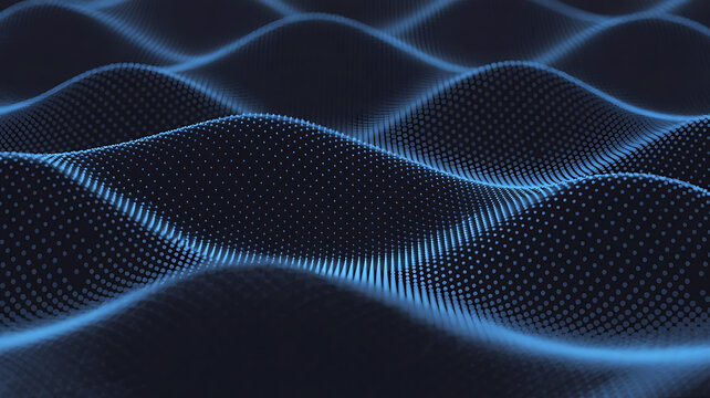 Abstract flowing blue digital waves of light particles creating a futuristic and dynamic sound wave pattern