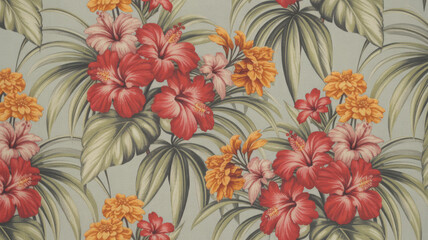 Tropical paradise pattern featuring vibrant hibiscus flowers and lush palm leaves in a seamless repeat design textile