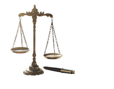  Wooden Desk with Scales of Justice and Fountain Pen 