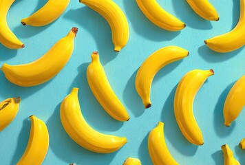 Bright yellow bananas arranged on light blue background