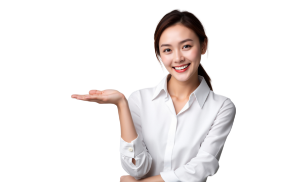 Smiling Asian woman presenting with an open palm. Isolated on transparent background with copy space
