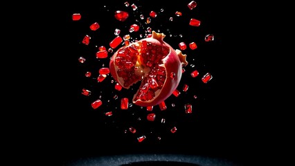 A close-up shot of a juicy pomegranate exploding with vibrant red seeds against a stark black background, creating a dramatic and artistic display of nature's bounty