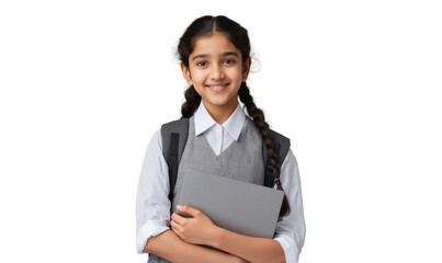 Happy Indian schoolgirl with braided hair, uniform, backpack, and laptop, ready to school