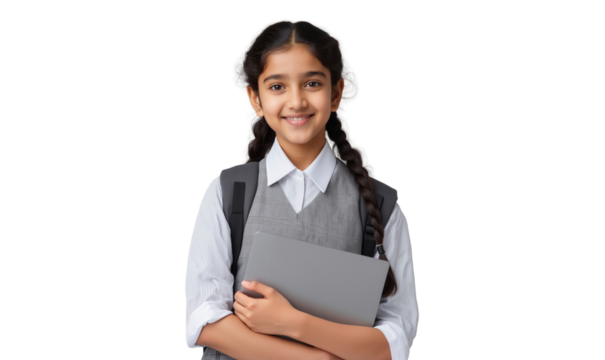 Happy Indian schoolgirl with braided hair, uniform, backpack, and laptop, ready to school