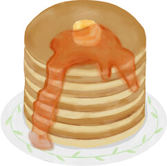 Pankaces with Jam or Maple Syrup Watercolor Illustration