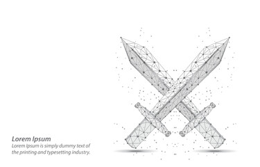 Futuristic illustration of two crossed swords isolated on a white background, representing
strength, defense, and digital warfare.Protect and secure concept.Low poly wireframe vector