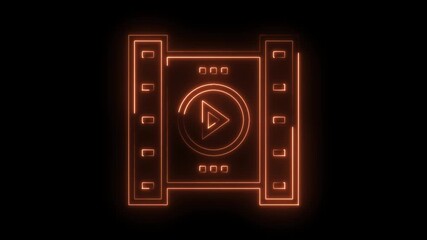 Glowing orange neon film strip with play button on a black background motion graphic element - Powered by Adobe