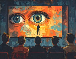 Audience watching a large screen showing expressive eyes