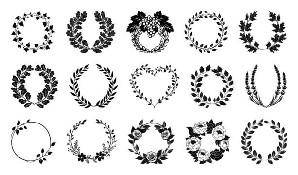 PNG Elegant floral wreath silhouettes collection, element set on transparent background