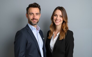 Business partners posing in front of gray background, looking at camera and smiling. High quality