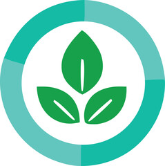 Green leaf icon represents growth and nature within a teal circle logo design symbolizing sustainability and ecology