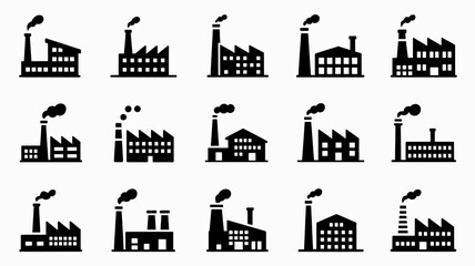 Fototapeta premium Collection of modern industrial factory building icons, representing manufacturing and production