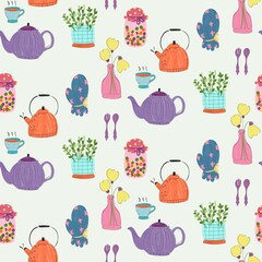 Seamless Pattern with Teapots, Cups, Plants, and Kitchen Elements.