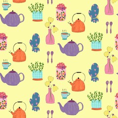 Seamless Pattern with Teapots, Cups, Plants, and Kitchen Elements.