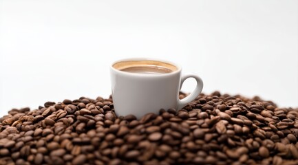Fototapeta premium White cup of hot espresso coffee sitting on a pile of aromatic roasted coffee beans, isolated on white background