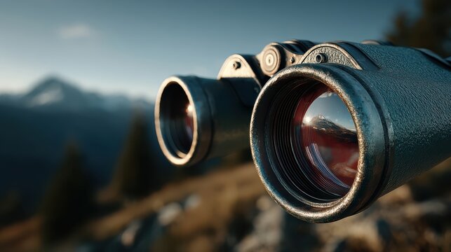 Close-up of binoculars with a mountain landscape reflected in the lens, highlighting outdoor exploration and scenic adventure. - Powered by Adobe