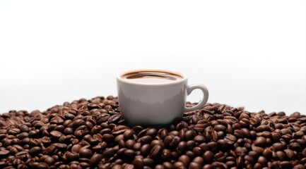Fototapeta premium White cup of hot black coffee sitting on a pile of roasted coffee beans, isolated on a white background