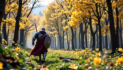An individual in a knight's outfit traversing through a forest with autumn foliage.