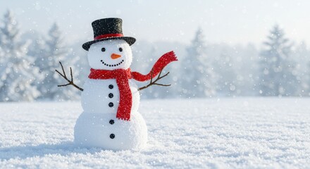 Obraz premium Charming Snowman with Red Scarf and Black Hat Surrounded by Snowy Trees on a Winter Day