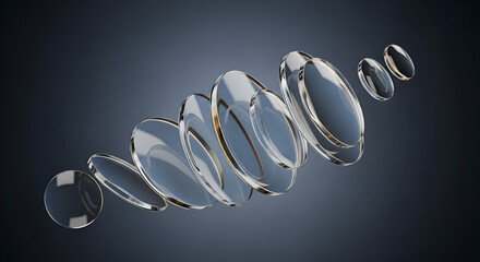 Abstract dark 3d background with neon glass circle disc and blue brown gradient. Circular ring motion effect of crystal round disks, holographic transparent lens. Digital tech banner. 3D illustration