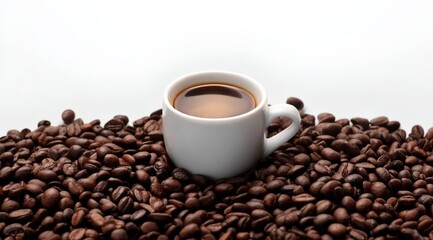 Obraz premium Espresso coffee in small white cup on a bed of dark roasted coffee beans, white background, copy space