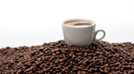 Fototapeta premium White ceramic cup of fresh espresso on a pile of roasted coffee beans, with a clear white background