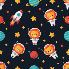 Cute astronaut lions rockets planets and stars in a playful space adventure pattern