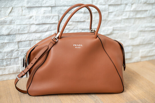 Calgary, Alberta - September 23, 2025: Prada Luxury purse with white background.