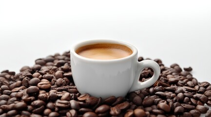 Fototapeta premium White cup of rich espresso coffee sitting on a pile of dark roasted coffee beans, creating a stimulating morning drink scene