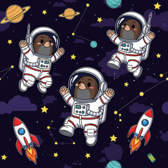 Cute mole astronauts floating in cosmic space with planets stars and rockets Fun adventure