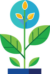 Vibrant green plant growing upward with yellow bud and blue circular element symbolizing growth and nature