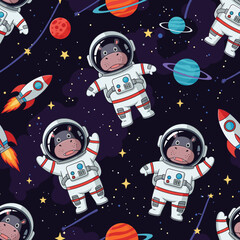 Adorable astronaut hippos explore the cosmos with planets and rockets Fun space pattern for kids