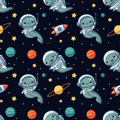 Whimsical seamless pattern with cute cartoon astronaut aliens planets stars and rockets in space