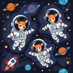 Cute deer astronauts float in starry space with planets and rocket perfect for kids concepts