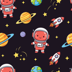 Whimsical space pattern with cute astronauts colorful planets and rockets for childrens designs