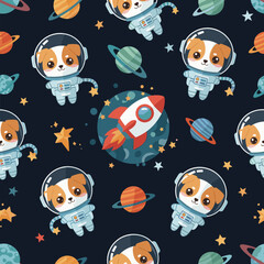 Adorable astronaut puppies rockets and planets in a playful space pattern for kids adventure