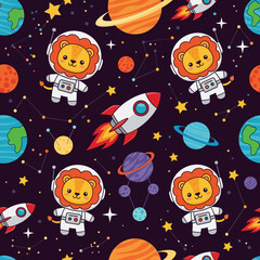 Cute lion astronauts rockets and planets create a whimsical colorful space adventure seamless pattern