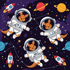 Joyful cartoon kangaroos in astronaut suits exploring outer space with rockets and planets Kids cosmic adventure