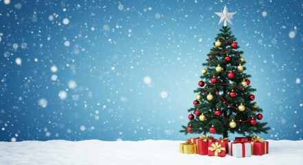 Festive Christmas Tree Decorated with Red and Gold Ornaments Surrounded by Colorful Gifts on Snowy Background
