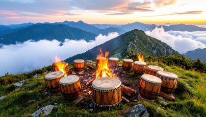 Drums around bonfire on mountain top at sunset.