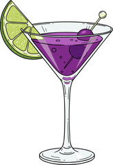 Cartoonish Cocktail Glass with Lime and Olive Graphic Style Illustration