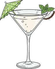 Detailed Handdrawn Cocktail Drink with Coconut and Umbrella Illustration Graphic