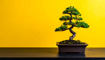 Fototapeta premium Beautiful Japanese Bonsai tree with yellow background