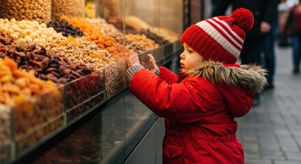 Child in Red Jacket Gazing at Colorful Display of Nuts and Dried Fruits in Market Setting