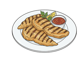 Detailed Line Art Grilled Chicken Fillet on Plate Delicious Dish