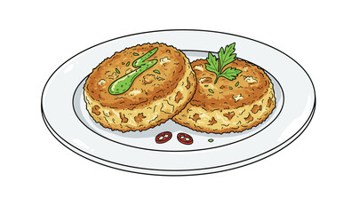 Watercolor Illustration Delicious Fishcake Dish on White Plate Food